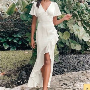 Eternal Bond White Satin Ruffled Flutter Sleeve Maxi Dress